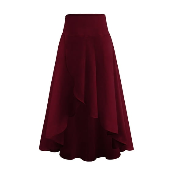 HJYCHN Women's Elegant Ruffled Drop Waist Skirt with Asymmetrical Hemline for Casual Everyday Wear Wine S
