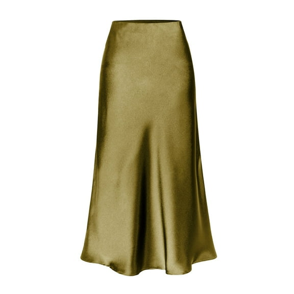 HJYCHN Women's Elegant Satin Midi Skirt with High Waist Design and Slit for Casual Wear Green S