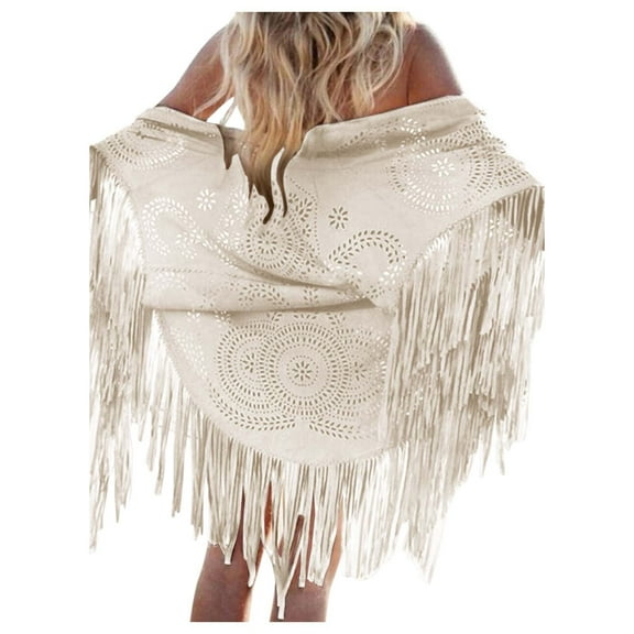 HJYCHN Women's Elegant Tassel Cape Suede Bucket Wrap Shawl Fashionable Outerwear Accessory Beige One Size