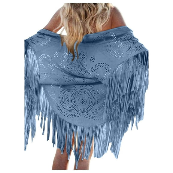 HJYCHN Women's Elegant Tassel Cape Suede Bucket Wrap Shawl Fashionable Outerwear Accessory Sky Blue One Size