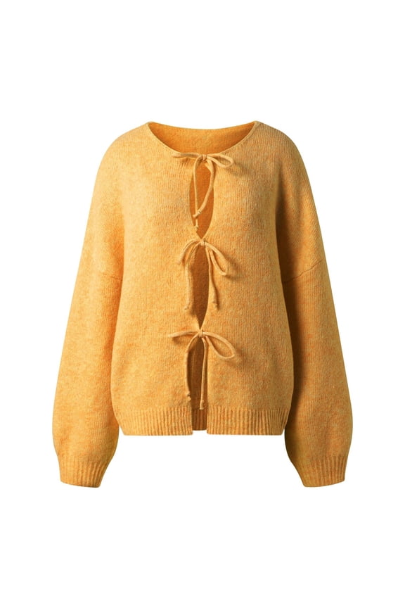 Women's Elegant Tie Front Oversized Knitted Cardigan Soft Long Sleeve Open Knitwear Top Cozy Outerwear Layer Yellow S