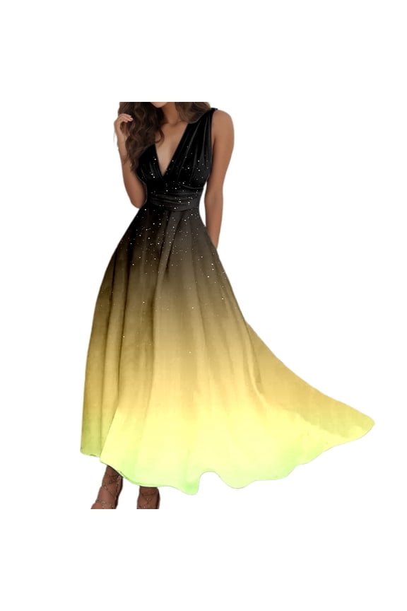 Women's Fashionable Starry Sky Gradient Print V-Neck Waistband Sleeveless Beach Casual Dress Yellow M