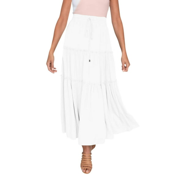 HJYCHN Women's Flowy Elastic High-Waist Bohemian Maxi Skirt with Ruffle A-line Swing Summer Beach Skirt Elegant Casual Dress White M