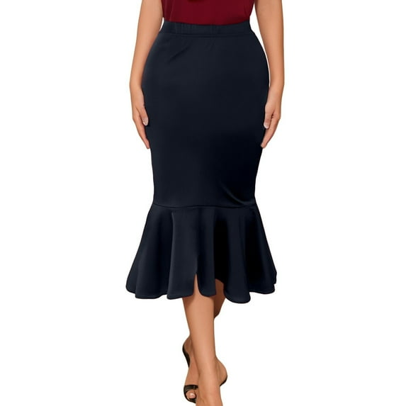 HJYCHN Women's Flowy Fishtail Hem Skirt Elegant Solid Color High Waist Midi Length Casual Comfortable Stretchy Fabric Fashionable Daily Wear Black L