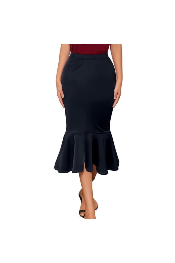 Women's Flowy Fishtail Hem Skirt Elegant Solid Color High Waist Midi Length Casual Comfortable Stretchy Fabric Fashionable Daily Wear Black S
