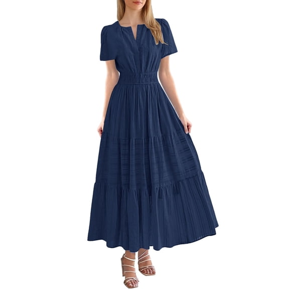 HJYCHN Women's Flowy Midi Maxi Dress with V-Neck Short Sleeve and Elastic Waist Bohemian Style Beach Outfit Featuring Convenient Pockets Navy S