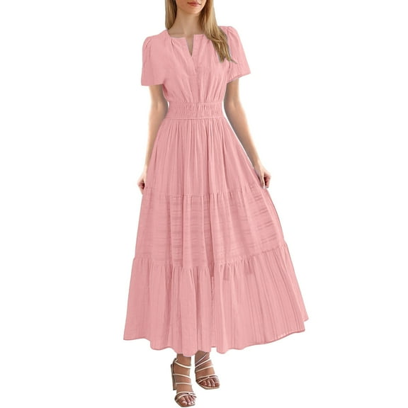 HJYCHN Women's Flowy Midi Maxi Dress with V-Neck Short Sleeve and Elastic Waist Bohemian Style Beach Outfit Featuring Convenient Pockets Pink S