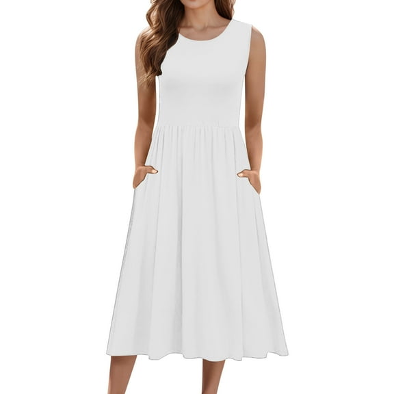 HJYCHN Women's Flowy Midi T Shirt Dress Casual Sleeveless A Line Tank Beach Floral with Pockets White L