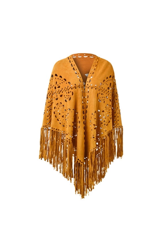 Women's Graceful Suede Fringe Open Cape Poncho Shawl With Elegant Punch Pattern Design Yellow One Size