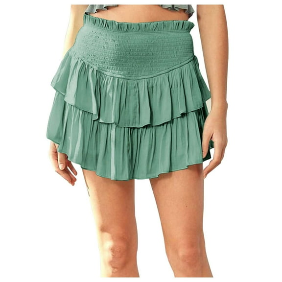 HJYCHN Women's High-Waist Pleated Mini Skirt with Ruffle Hem A-line Design fo Stylish Casual Wear Green M
