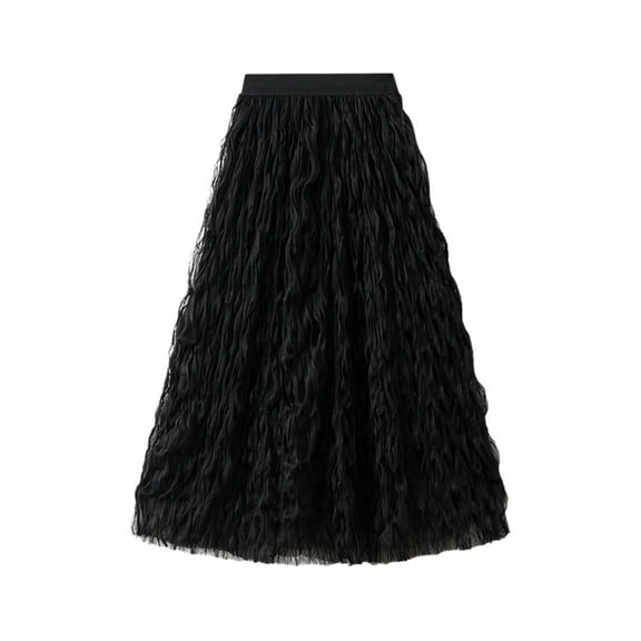 HJYCHN Women's High-Waisted Pleated A-line Skirt Flowy Textured Midi Length Elegant Casual Wear Black One Size