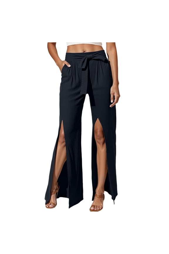 Women's High Waisted Wide-Leg Palazzo Trousers Flowy Split Hem Lightweight Soft Stretch Fabric Casual Comfort Wear Dark Blue XL