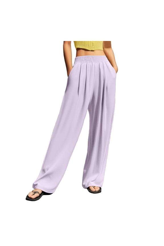 Women's High Waisted Wide-Leg Trousers Crinkle Texture Straight Cut Casual Comfort Daily Wear Outdoor Home Pants Purple S