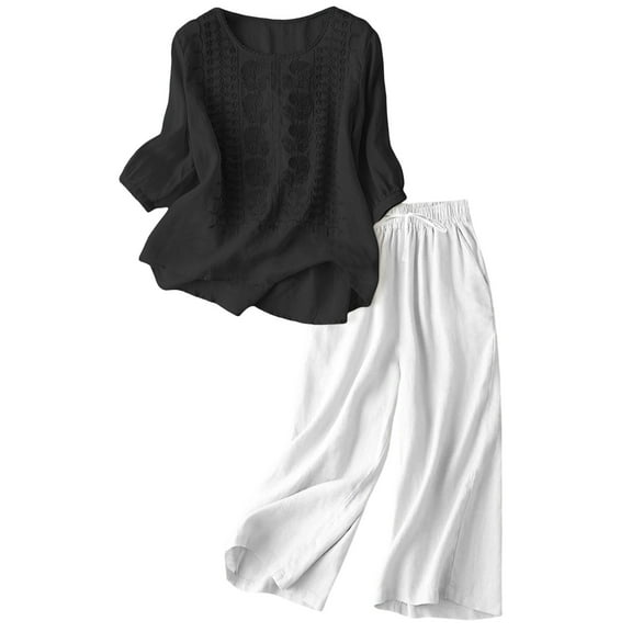 HJYCHN Women's Linen Embroidered Outfits Short Sleeve Top and Wide-Leg Pants Casual Suit Set Comfortable Summer Outfit Black M