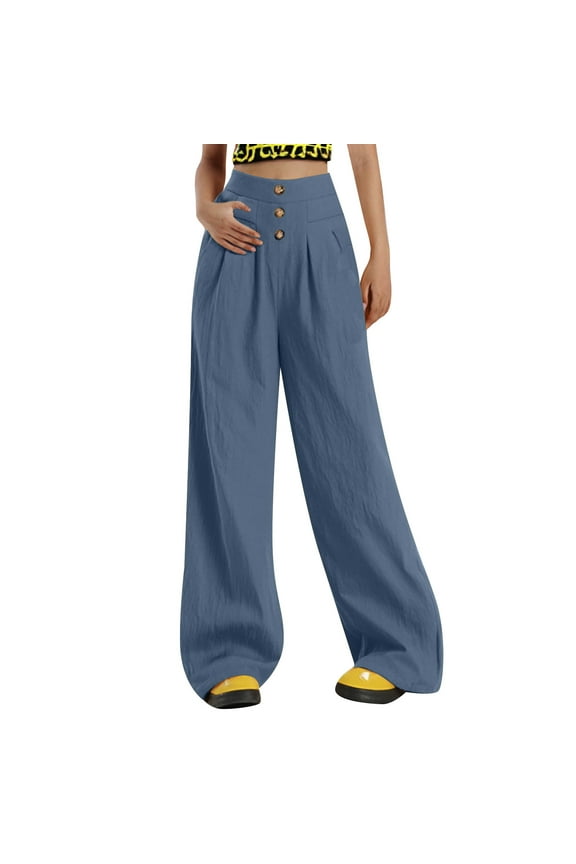 Women's Linen Wide-Leg Culottes High Waisted Loose Fit Semi Elastic Comfortable Trousers for Casual Wear Blue XL