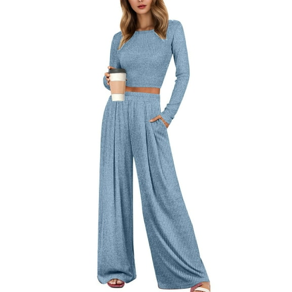 HJYCHN Women's Long Sleeve Crop Top and Wide Leg Pants Two Piece Outfit Matching Casual Tracksuit Set for Comfortable Relaxation and Stylish Everyday Wear Blue XXXL