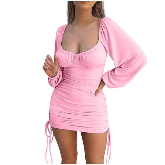 HJYCHN Women's Long Sleeve Mini Dress with Drawstring Ruched Ribbed Design for a Tight Fit and Casual Style Pink L