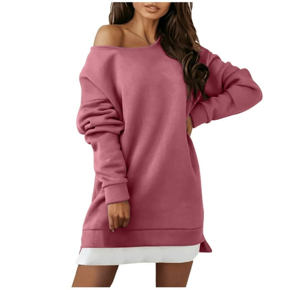 HJYCHN Women's Off Shoulder Sweater Dress Long Sleeve Midi Pullover Lightweight Oversized Casual Solid Color Knitwear Pink L