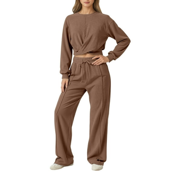 HJYCHN Women's Outfits Set Round Neck Long Sleeve Top and Wide-Leg Pants Fall and Winter Casual Outfits Brown M
