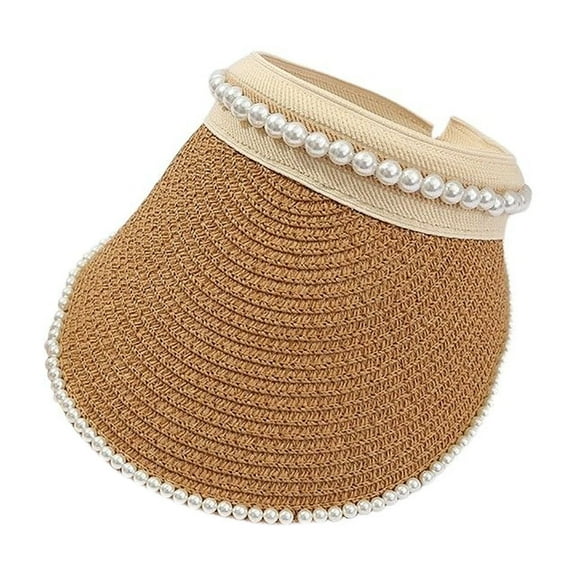 HJYCHN Women's Pearl Sun Visor Hat Foldable Straw Wide Brim Summer Beach Travel Sun Cap Adjustable UPF50  Khaki One Size