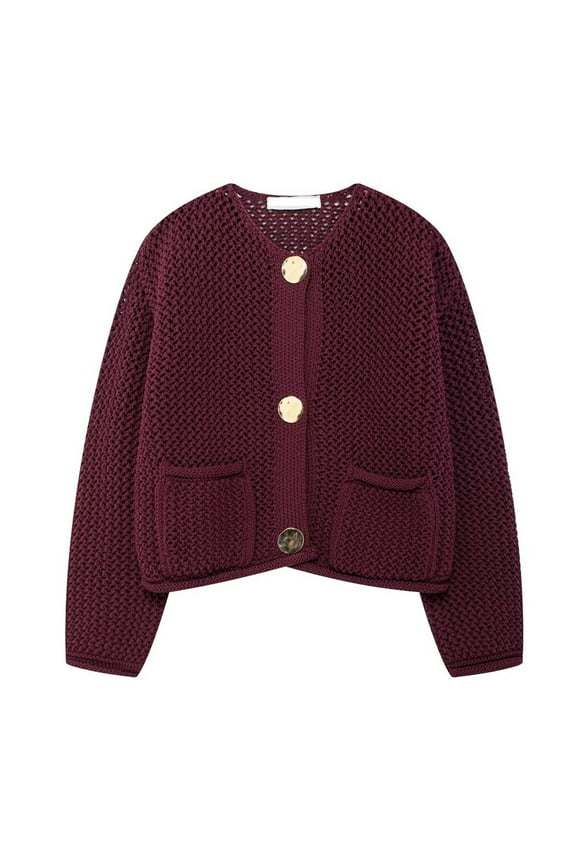 Women's Retro V Neck Knit Cardigan Long Sleeve Solid Color Pocket Design Casual Outerwear with Metal Buttons Wine L