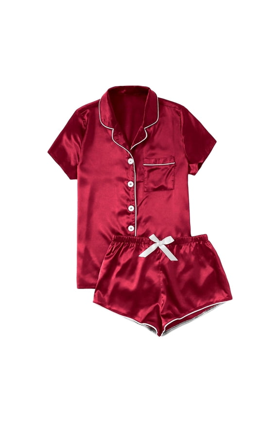Women's Satin Pajama Set Comfortable Short Sleeve Sleepwear with Elegant Button Up Top and Matching Bottoms for Relaxation Red XXS