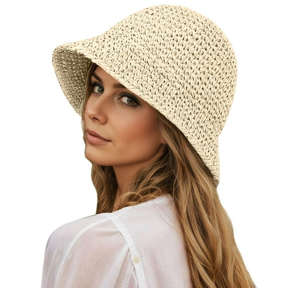 HJYCHN Women's Soft Straw Sun Hat Foldable Wide Brim Summer Beach Bucket Hat Breathable Crochet Design For Outdoor Travel Gardening Beige One Size