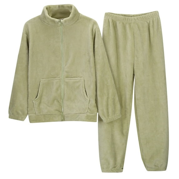 HJYCHN Women's Solid Color Flannel Zipper Pajama Set Soft Winter Warm Cozy Home Wear Outfit for Comfortable Nights Green L