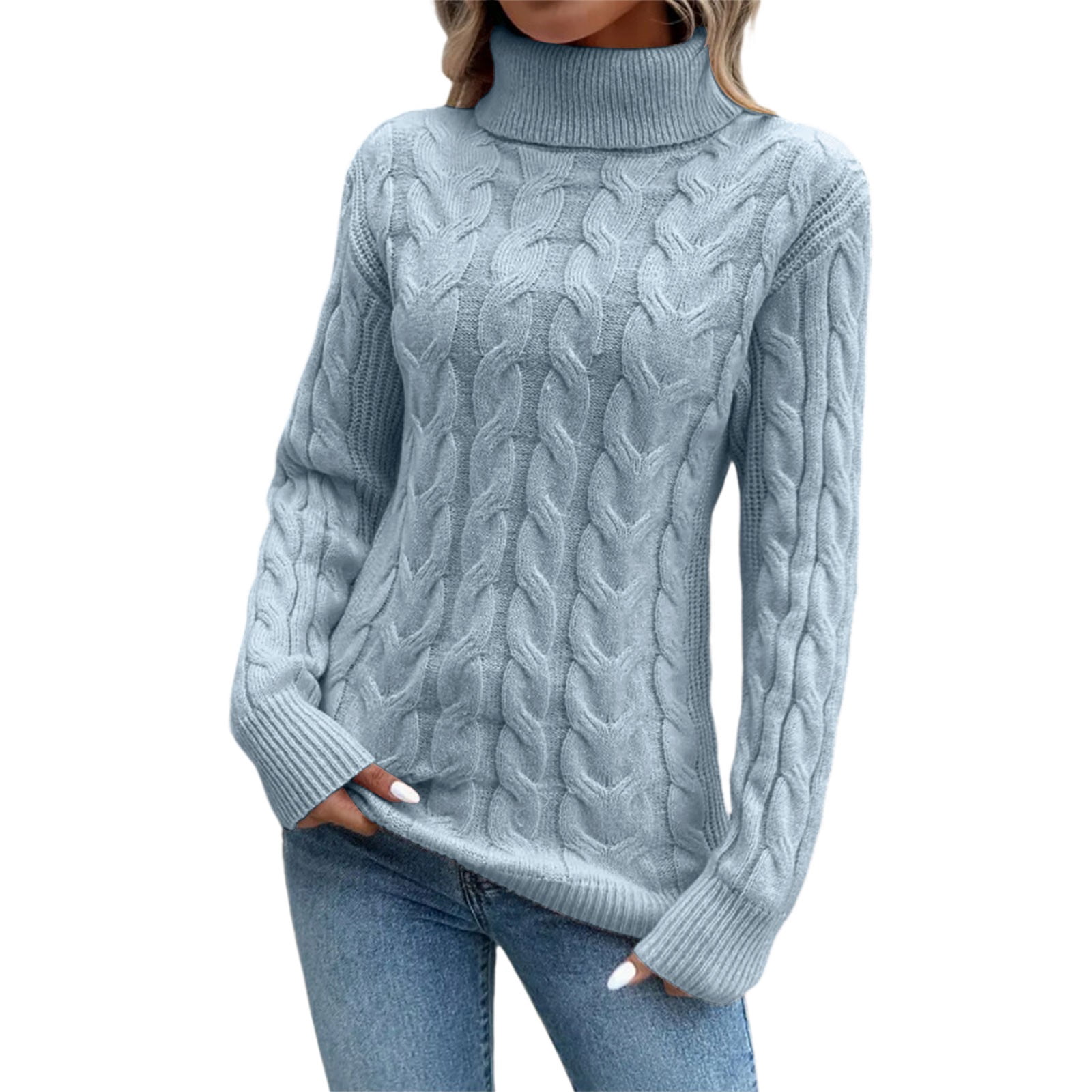 HJYCHN Women's Solid Color Long Sleeve Turtleneck Sweater with Cable ...