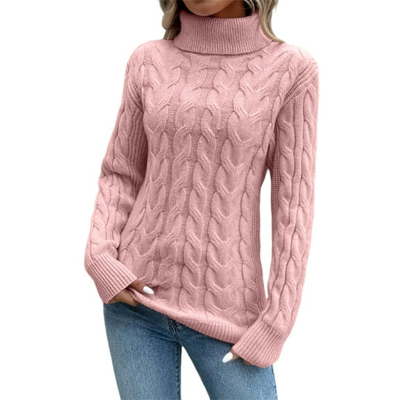 HJYCHN Women's Solid Color Long Sleeve Turtleneck Sweater with Cable Knit Sweaters Turtleneck for Warmth Red L