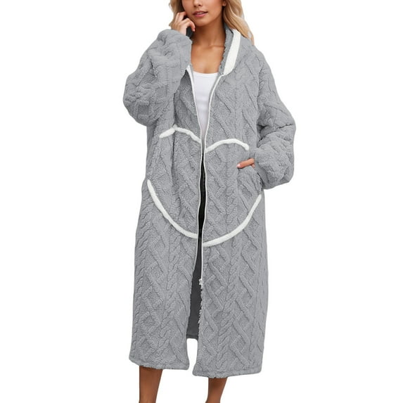 HJYCHN Women's Solid Flannel Thermal Robe Long Sleeve Elegant Loungewear Kimono Style Housecoat for Home Comfort and Relaxation Grey One Size
