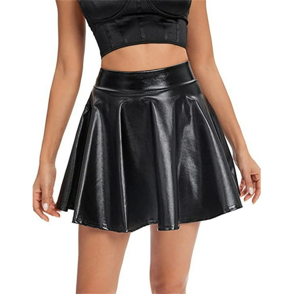 HJYCHN Women's Solid Shiny Flared Pleated Mini Skirt for Party Wear and Elegant Evening Outfits with Comfortable Stretch Fabric Black L