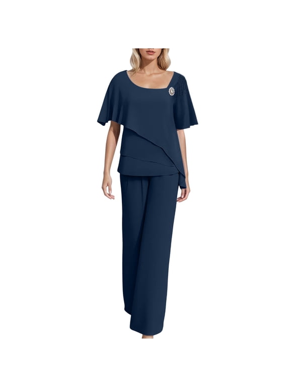 Women's Spring Outfits Chiffon Solid Color Loose Fashion Trouser Suit for Seasonal Wear Navy S
