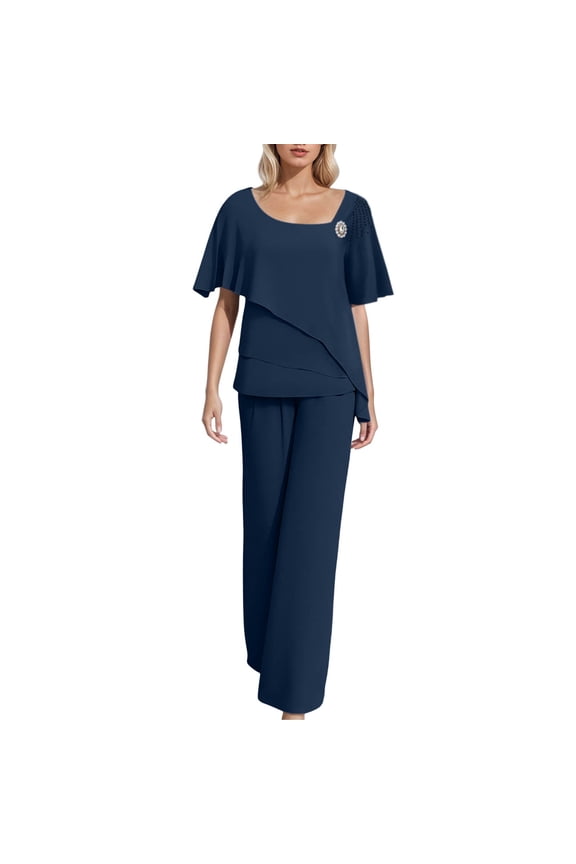 Women's Spring Outfits Chiffon Solid Color Loose Fashion Trouser Suit for Seasonal Wear Navy XXXL