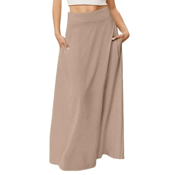 HJYCHN Women's Straight Cut Midi Skirt Classic Solid Design Versatile Daily Outfit Comfortable Stretch Fabric Khaki L