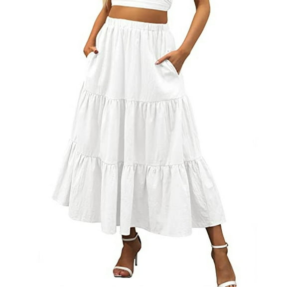 HJYCHN Women's Summer Bohemian Elastic Waist Pleated A-Line Flowy Swing Tiered Long Beach Skirt Dress with Pockets White M