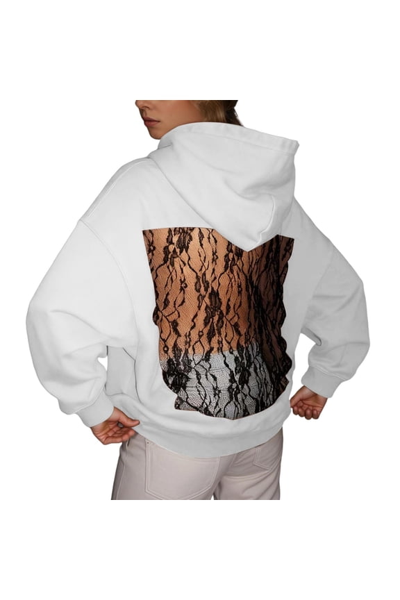 Women’s Sweatshirt Hooded Fall Winter Style Solid Color Backless Cutout Mesh See Through Pullover Top Tops for Women White M