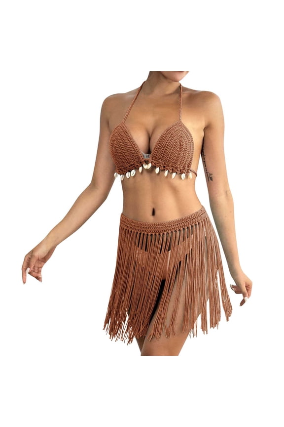 Women's Swimwear Hand Crocheted Two Piece Set Bikini Top with Patchwork Fringe and Skirt Outfit Bikini Sets for Women Brown One Size