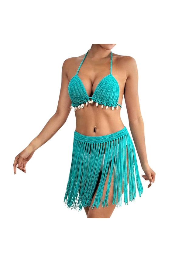 Women's Swimwear Hand Crocheted Two Piece Set Bikini Top with Patchwork Fringe and Skirt Outfit Bikini Sets for Women Green One Size