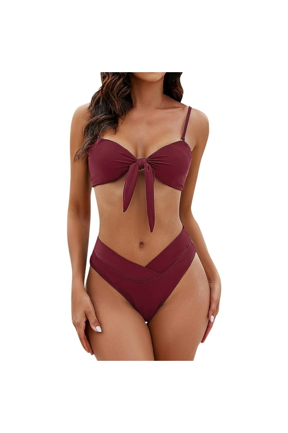 Women's Swimwear Surf Style Two Piece Swimsuit Set with Bow Detail Bikini for Beach Womens Bikini Red XS