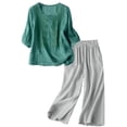 thumbnail image 1 of HJYCHN Women's Trousers Suit Linen Embroidered Short Sleeve Top and Wide-Leg Pants Set for Everyday Casual Wear Green XXXL, 1 of 2
