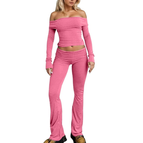 HJYCHN Women's Trousers Suit Set Casual One-Shoulder High-Waist Slim Fit Outfit for Spring Fall Season Daily Wear Pink S