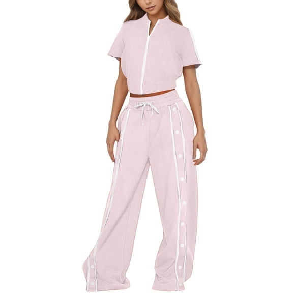 HJYCHN Women's Trousers Suit Set Stylish Short Sleeve Top and Long Pants for Everyday Wear for Spring Summer and Fall Outfits Pink S