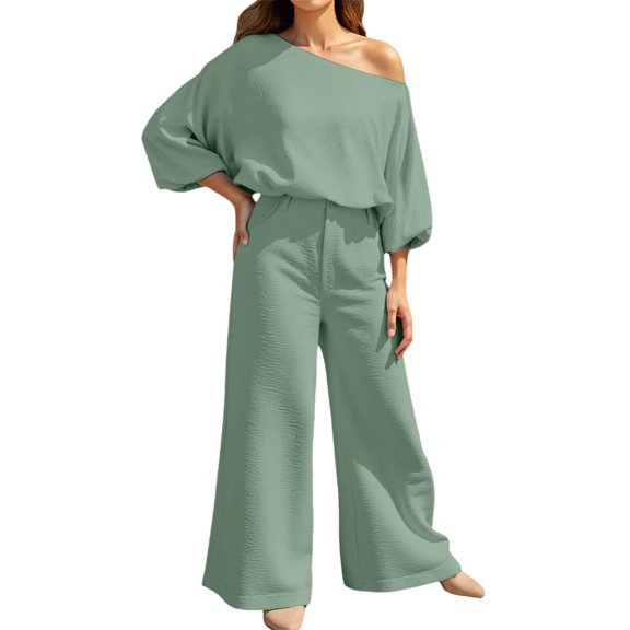 HJYCHN Women's Trousers Suit Set for Casual Wear Relaxed Fit Long Sleeve Top with Wide-Leg Pants for All-Seasons Easy Care Outfits GN1 M