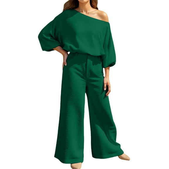 HJYCHN Women's Trousers Suit Set for Casual Wear Relaxed Fit Long Sleeve Top with Wide-Leg Pants for All-Seasons Easy Care Outfits GN2 XL