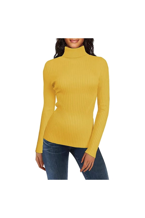 Women's Turtleneck Ribbed Base Pullover Sweater Cute Warm Stylish Knit Top for Casual Outings and Cozy Comfort Yellow XXL