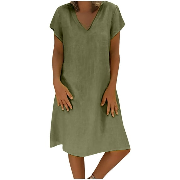 HJYCHN Women's V-Neck Linen Midi Dress for Everyday Wear with Short Sleeves and Solid Design for Seasonal Comfort Green M
