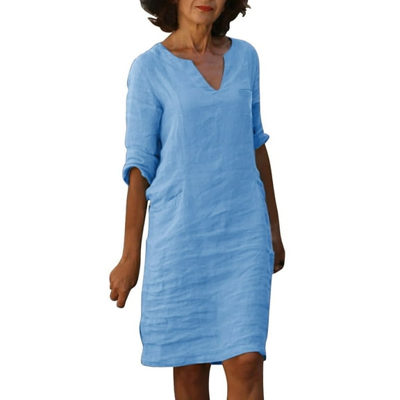 HJYCHN Women's V Neck Linen Mini Dress Fashionable Comfortable Casual Short Sleeve Outfit Blue M