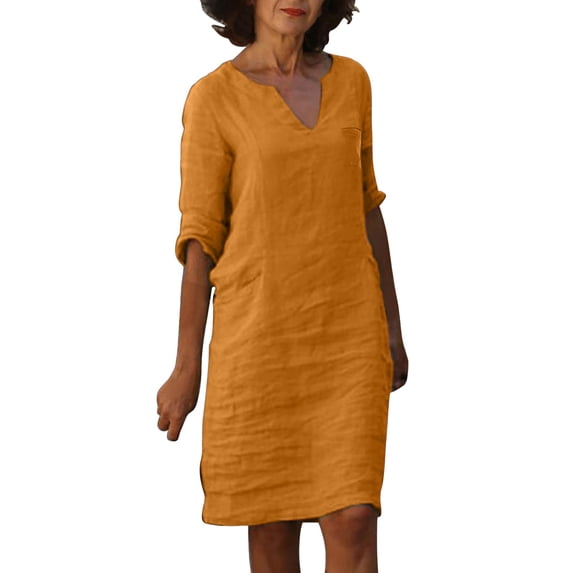 HJYCHN Women's V Neck Linen Mini Dress Fashionable Comfortable Casual Short Sleeve Outfit Orange XXL