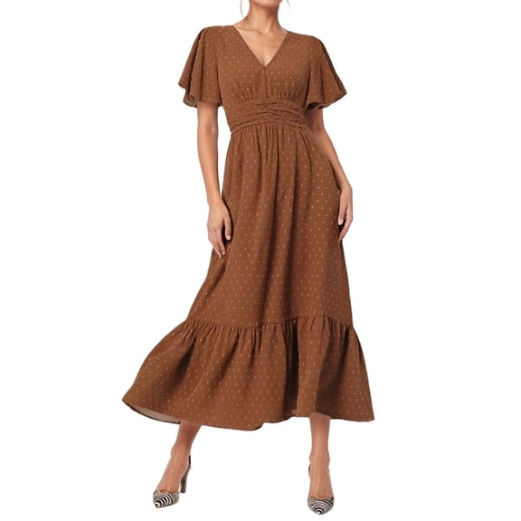 HJYCHN Women's V-Neck Polka Dot Flutter Sleeve Casual Dress Flowy Boho Style Elegant Daily Wear Versatile Spring Outfit for Various Occasions Red S